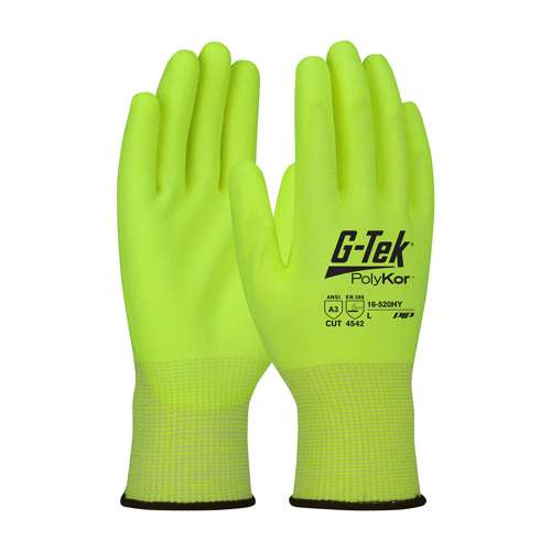 16-520HY Hi-Vis Seamless Knit PolyKor® Blended Glove with Polyurethane Coated Flat Grip on Palm & Fingers