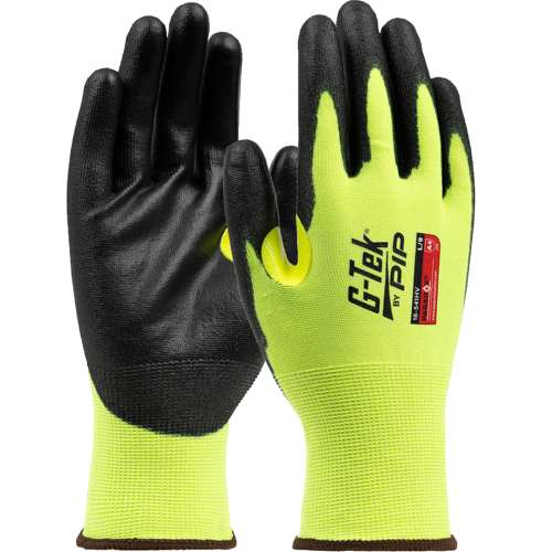 16-541HV Hi-Vis Seamless Knit PolyKor® Blended Glove w/ Polyurethane Coated Flat Grip on Palm & Fingers - 21 Gauge - Touchscreen