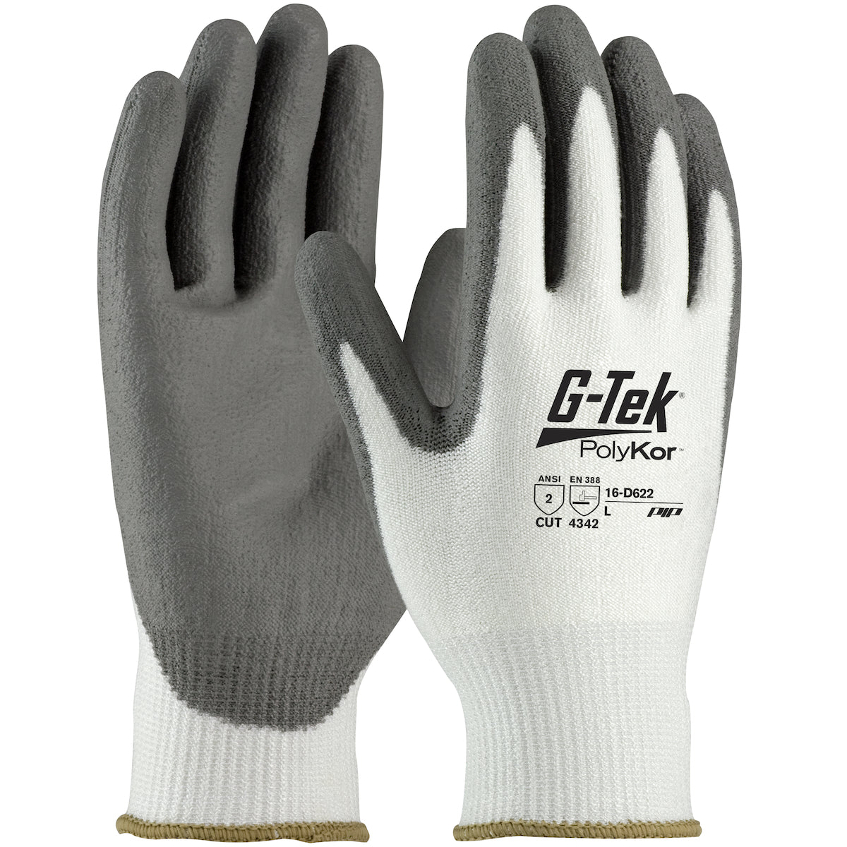 16-D622 G-Tek PolyKor, Economy, White 13G Seamless Knit, Gray PU Smooth, Touchscreen Compatible, A2
