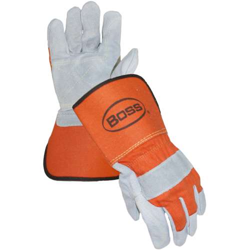 1JL2394 Superior Grade Split Cowhide Leather Double Palm Glove with Canvas Back and Aramid Stitching - Rubberized Gauntlet Cuff