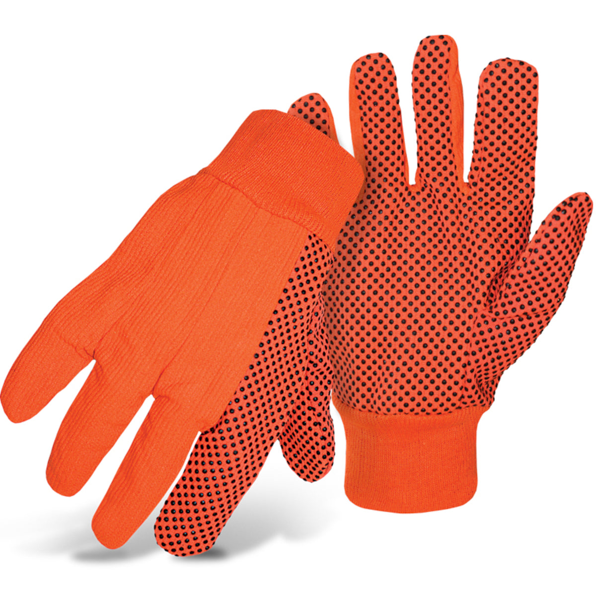 1JP5110F Fluorescent Corded Canvas Glove with PVC Dotted Grip on Palm, Thumb and Index Finger - 10 oz. Double Palm