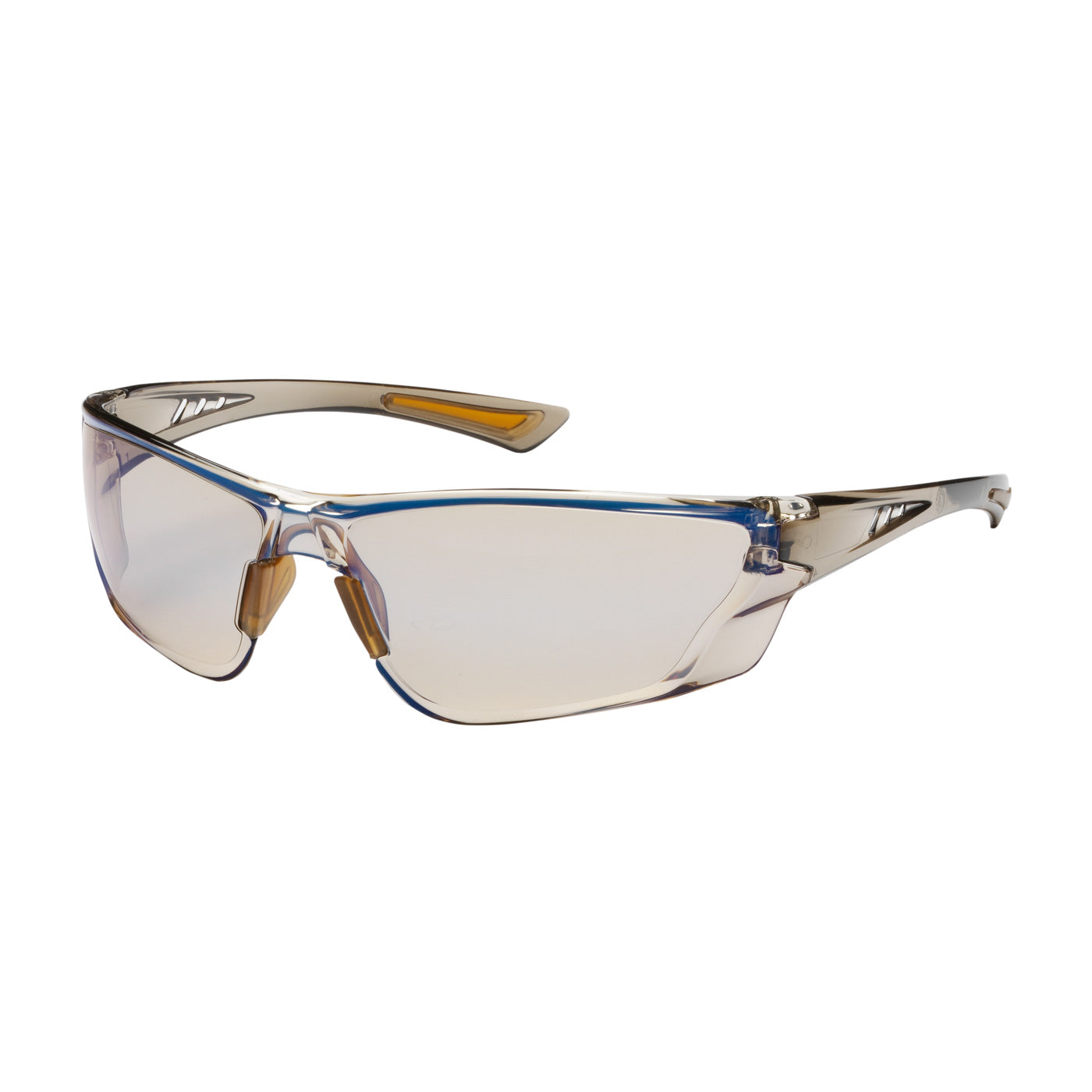 250-32-0226 Rimless Safety Glasses with Translucent Brown Temple, I/O Blue Lens and Anti-Scratch / Anti-Fog Coating