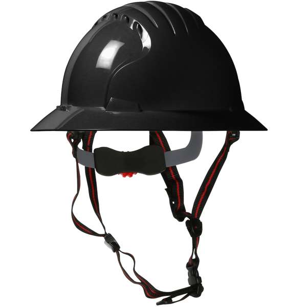 Vented, Full Brim Safety Helmet with HDPE Shell, 4-Point Chinstrap, 6-Point Suspension and Wheel Ratchet Adjustment