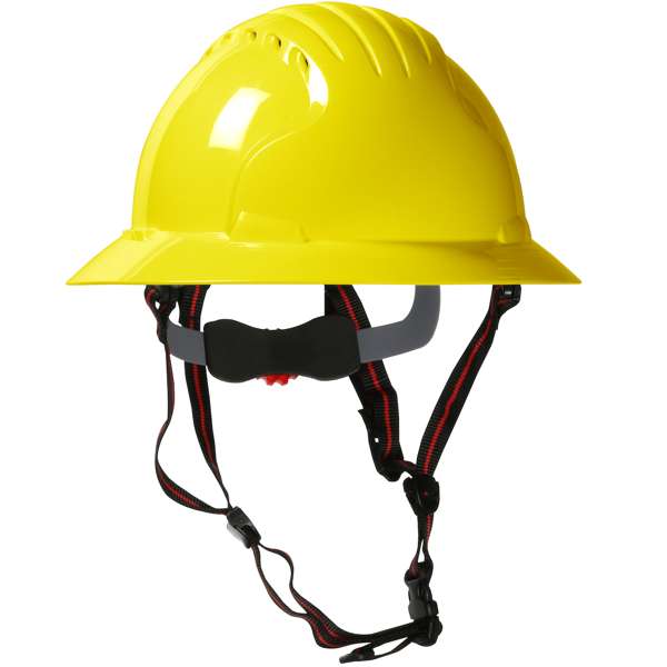 Vented, Full Brim Safety Helmet with HDPE Shell, 4-Point Chinstrap, 6-Point Suspension and Wheel Ratchet Adjustment