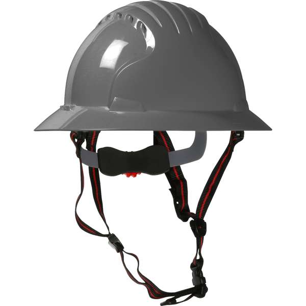 Vented, Full Brim Safety Helmet with HDPE Shell, 4-Point Chinstrap, 6-Point Suspension and Wheel Ratchet Adjustment