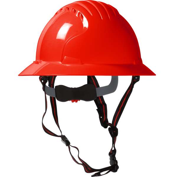 Vented, Full Brim Safety Helmet with HDPE Shell, 4-Point Chinstrap, 6-Point Suspension and Wheel Ratchet Adjustment