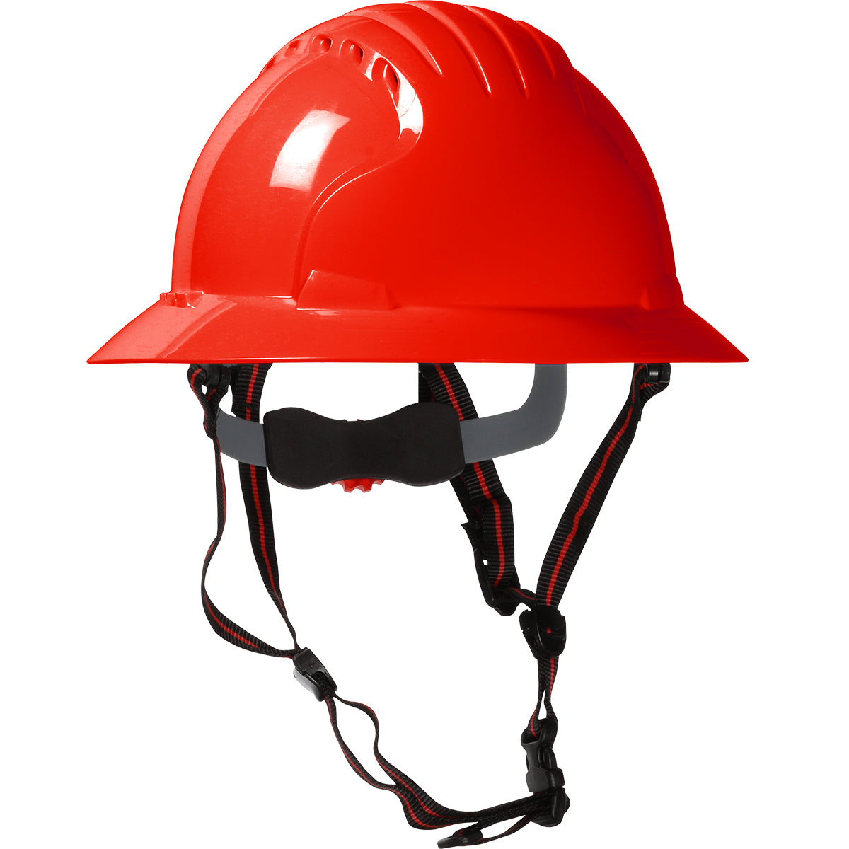 Vented, Full Brim Safety Helmet with HDPE Shell, 4-Point Chinstrap, 6-Point Suspension and Wheel Ratchet Adjustment