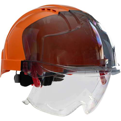 280-EVLV Type I, Vented Industrial Safety Helmet with Lightweight ABS Shell, Integrated ANSI Z87.1 Eye Protection, 6-Point Polyester Suspension and Wheel Ratchet Adjustment