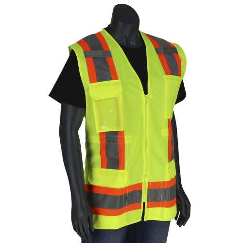 302-0512 ANSI Type R Class 2 Women's Contoured Two-Tone Eleven Pocket Surveyors Vest with Solid Front and Mesh Back