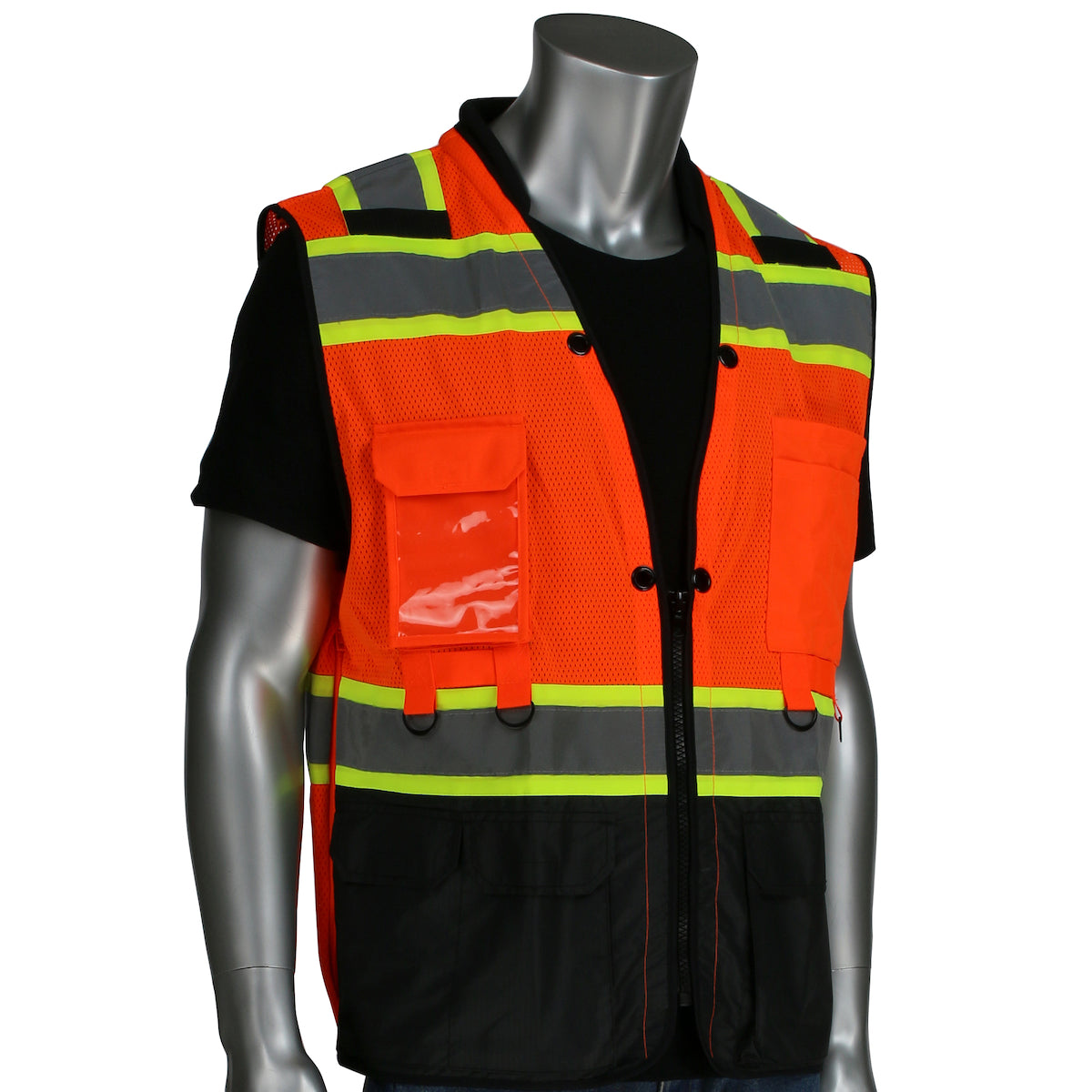 302-0670T ANSI Type R Class 2 Two-Tone Twelve Pocket Tethering Vest with Ripstop Black Bottom Front and "D" Ring Access
