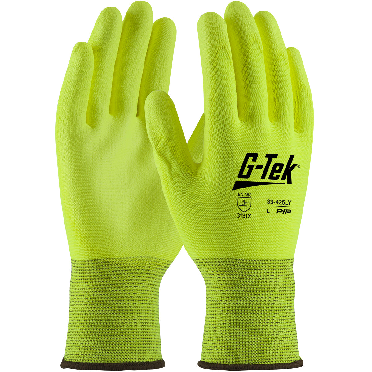 33-425LY Hi-Vis Seamless Knit Polyester Glove with Hi-Vis Polyurethane Coated Flat Grip on Palm & Fingers
