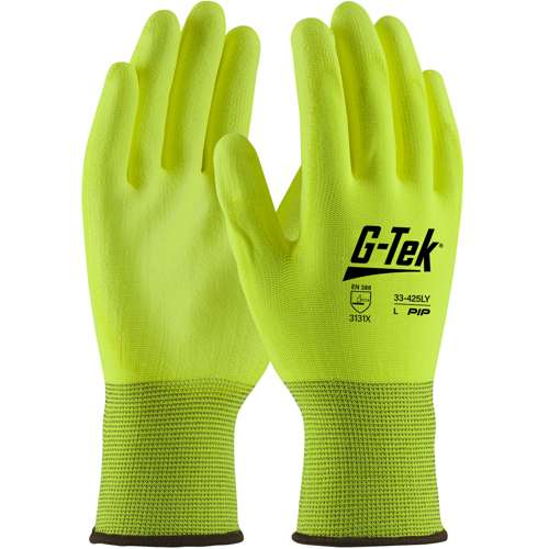 33-425LY Hi-Vis Seamless Knit Polyester Glove with Hi-Vis Polyurethane Coated Flat Grip on Palm & Fingers