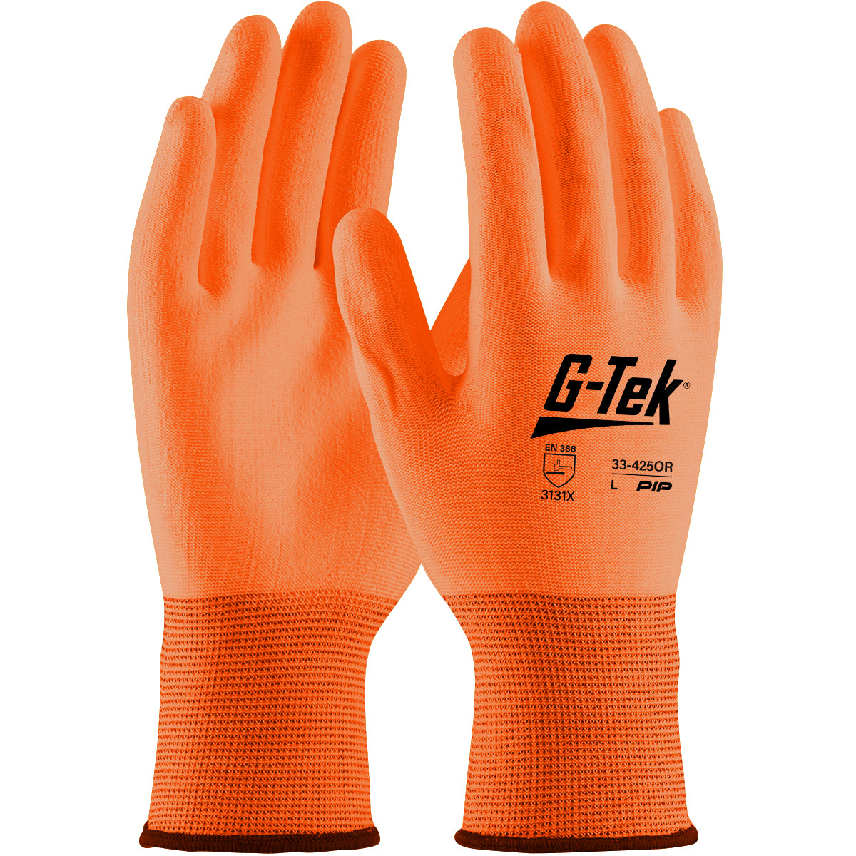 33-425OR Hi-Vis Seamless Knit Polyester Glove with Hi-Vis Polyurethane Coated Flat Grip on Palm & Fingers