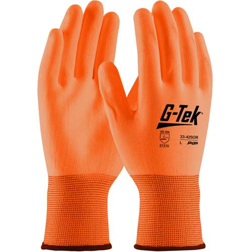 33-425OR Hi-Vis Seamless Knit Polyester Glove with Hi-Vis Polyurethane Coated Flat Grip on Palm & Fingers