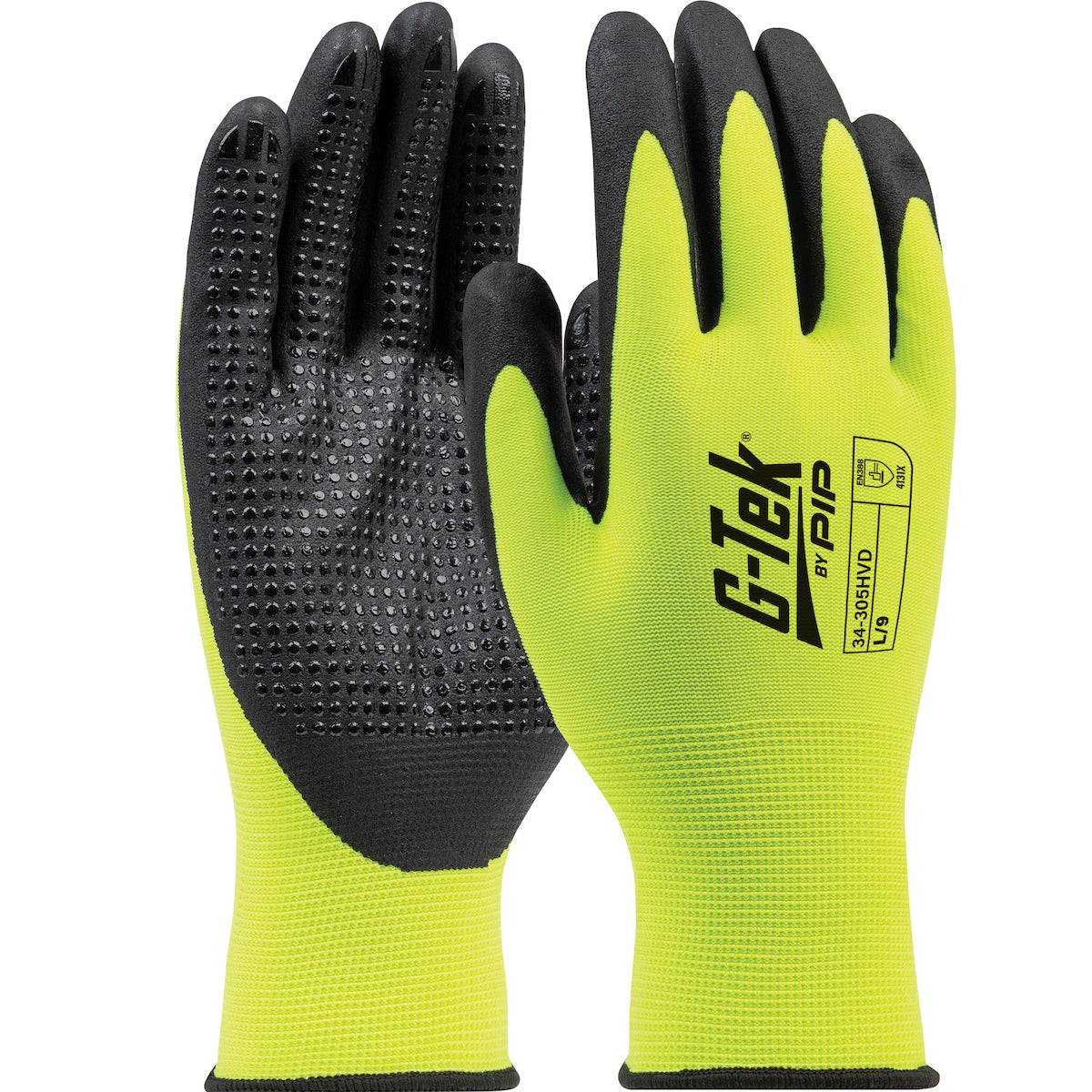 34-305HVD Seamless Knit Hi-Vis Polyester Glove with Nitrile Coated Foam Grip on Palm & Fingers - 15 Gauge - Micro Dotted Grip