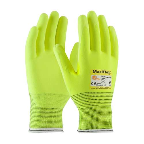 34-8743FY Hi-Vis Seamless Knit Engineered Yarn Glove with Premium Nitrile Coated MicroFoam Grip on Palm & Fingers