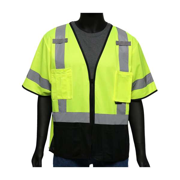 ANSI Type R Class 3 Five Pocket Solid Front/Mesh Back Vest with Black Bottom Front