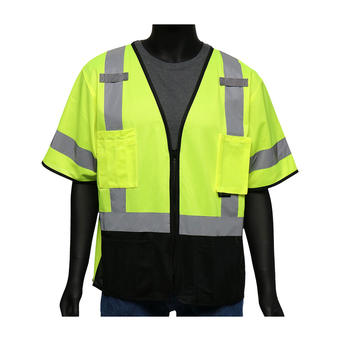 ANSI Type R Class 3 Five Pocket Solid Front/Mesh Back Vest with Black Bottom Front