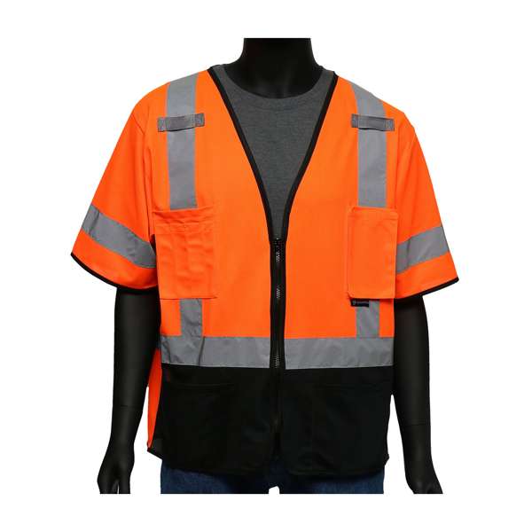 ANSI Type R Class 3 Five Pocket Solid Front/Mesh Back Vest with Black Bottom Front