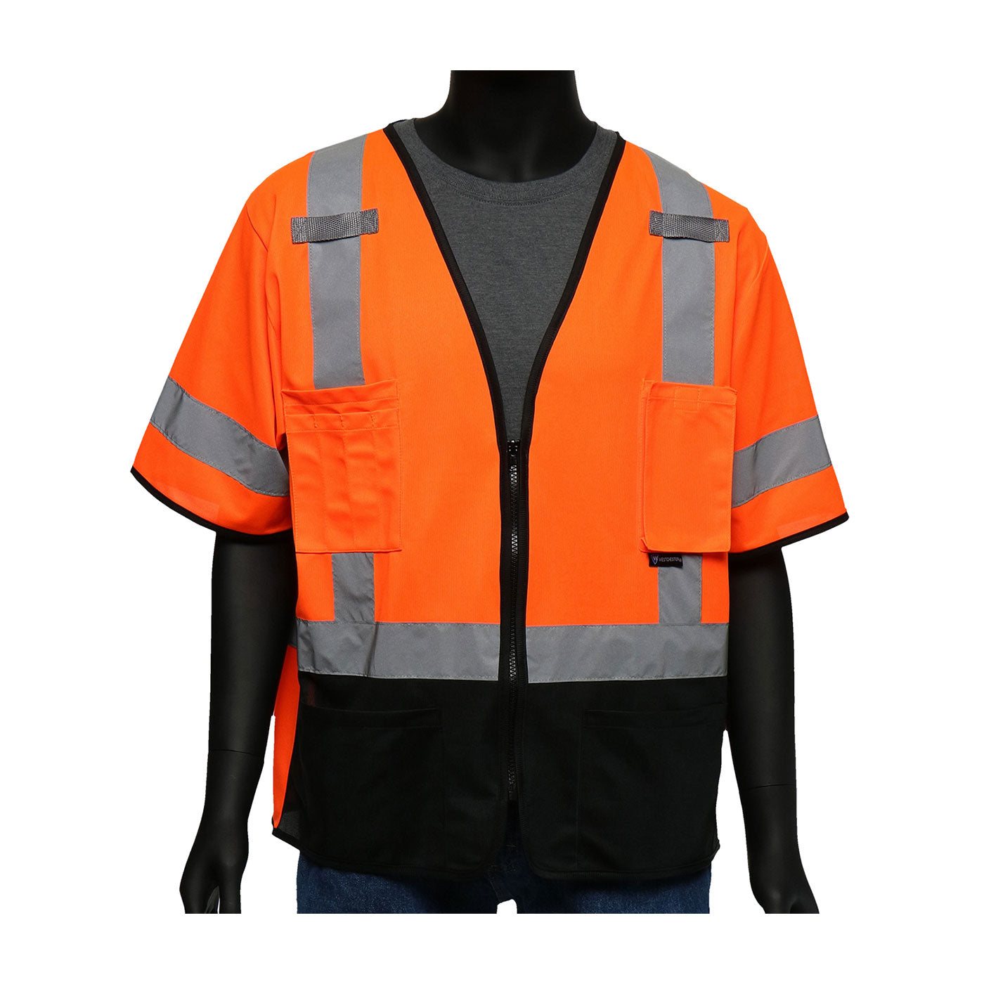 ANSI Type R Class 3 Five Pocket Solid Front/Mesh Back Vest with Black Bottom Front