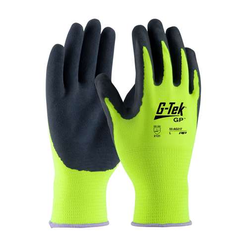 55-AG317 Hi-Vis Seamless Knit Polyester Glove with Latex Coated MicroSurface Grip on Palm & Fingers