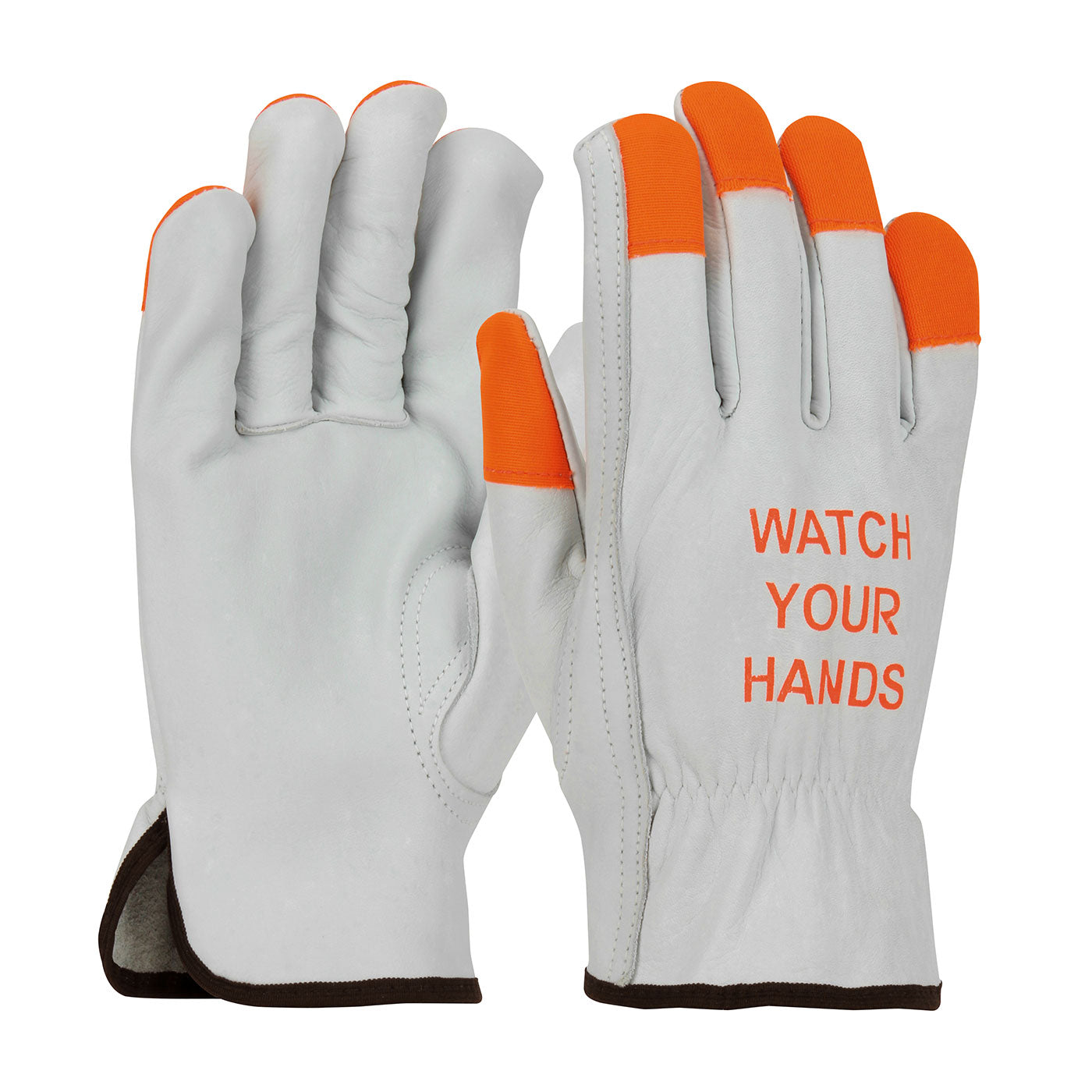 68-162HV Economy Grade Top Grain Cowhide Leather Drivers Glove with Hi-Vis Fingertips and "WATCH YOUR HANDS"- Keystone Thumb