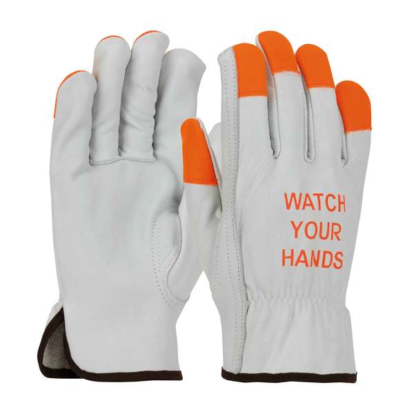 68-162HV Economy Grade Top Grain Cowhide Leather Drivers Glove with Hi-Vis Fingertips and "WATCH YOUR HANDS"- Keystone Thumb