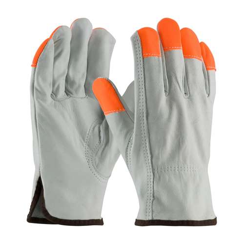 68-163HV Regular Grade Top Grain Cowhide Leather Drivers Glove with Hi-Vis Fingertips - Keystone Thumb