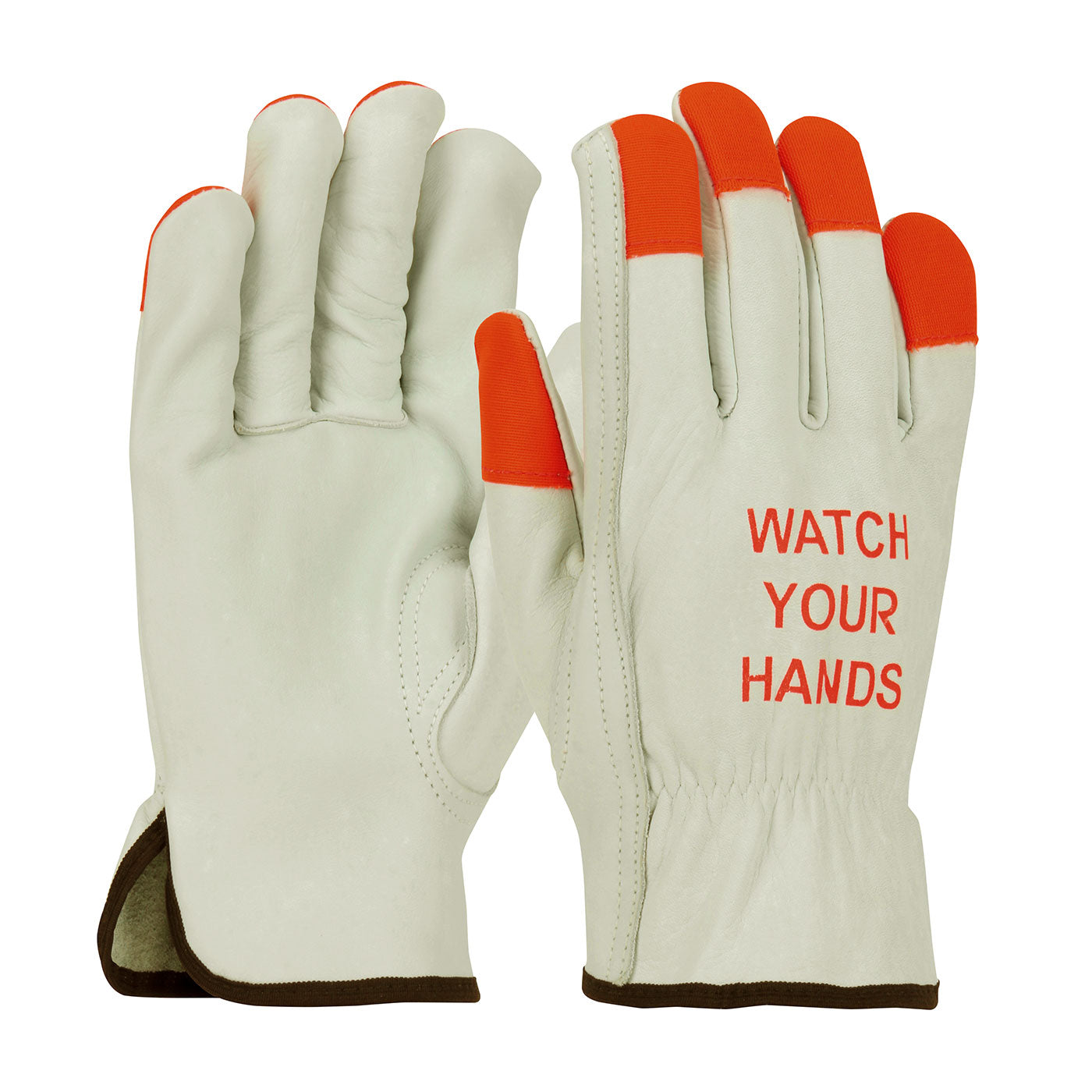 68-165HV Superior Grade Top Grain Cowhide Leather Drivers Glove with Hi-Vis Fingertips and "WATCH YOUR HANDS" Logo - Keystone Thumb