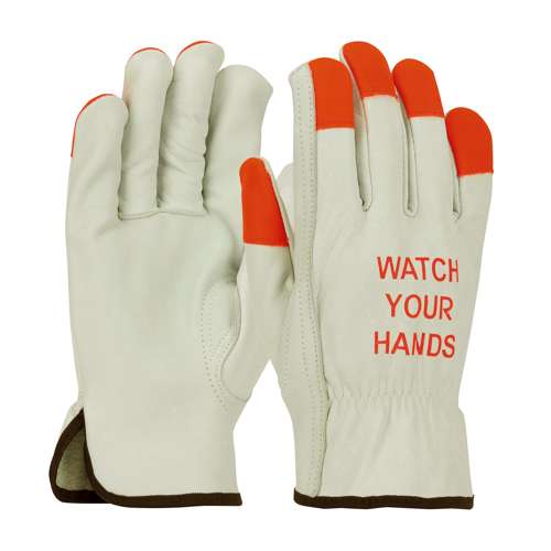 68-165HV Superior Grade Top Grain Cowhide Leather Drivers Glove with Hi-Vis Fingertips and "WATCH YOUR HANDS" Logo - Keystone Thumb