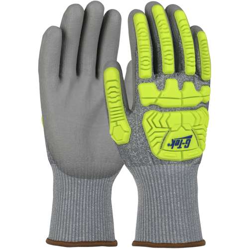 710HGUBHVG Seamless Knit HPPE Blended Glove with Hi-Vis Impact Protection and Polyurethane Coated Palm & Fingers