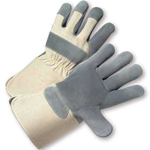 800-AAA Premium Grade Split Cowhide Leather Palm Glove with Canvas Back - Rubberized Gauntlet Cuff