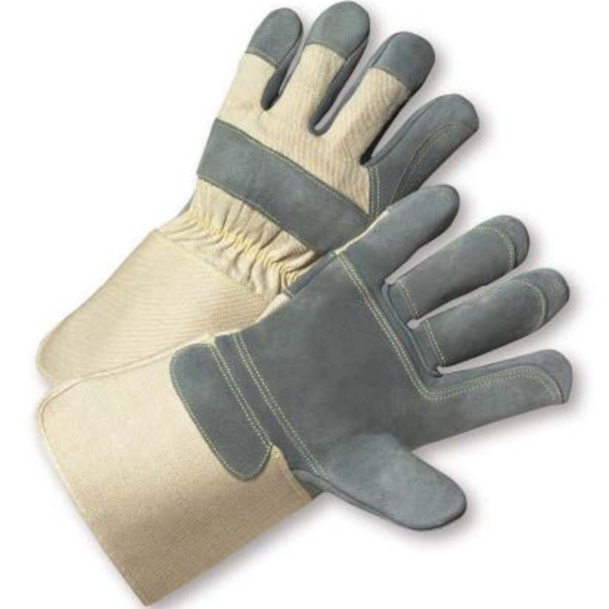 Superior Grade Split Cowhide Leather Double Palm Glove with Canvas Back and Aramid Stitching - Rubberized Gauntlet Cuff
