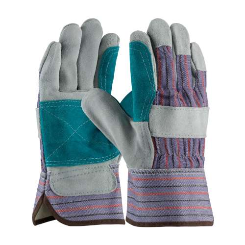 84-7533J Economy Grade Split Cowhide Leather Double Palm Glove with Fabric Back - Rubberized Safety Cuff