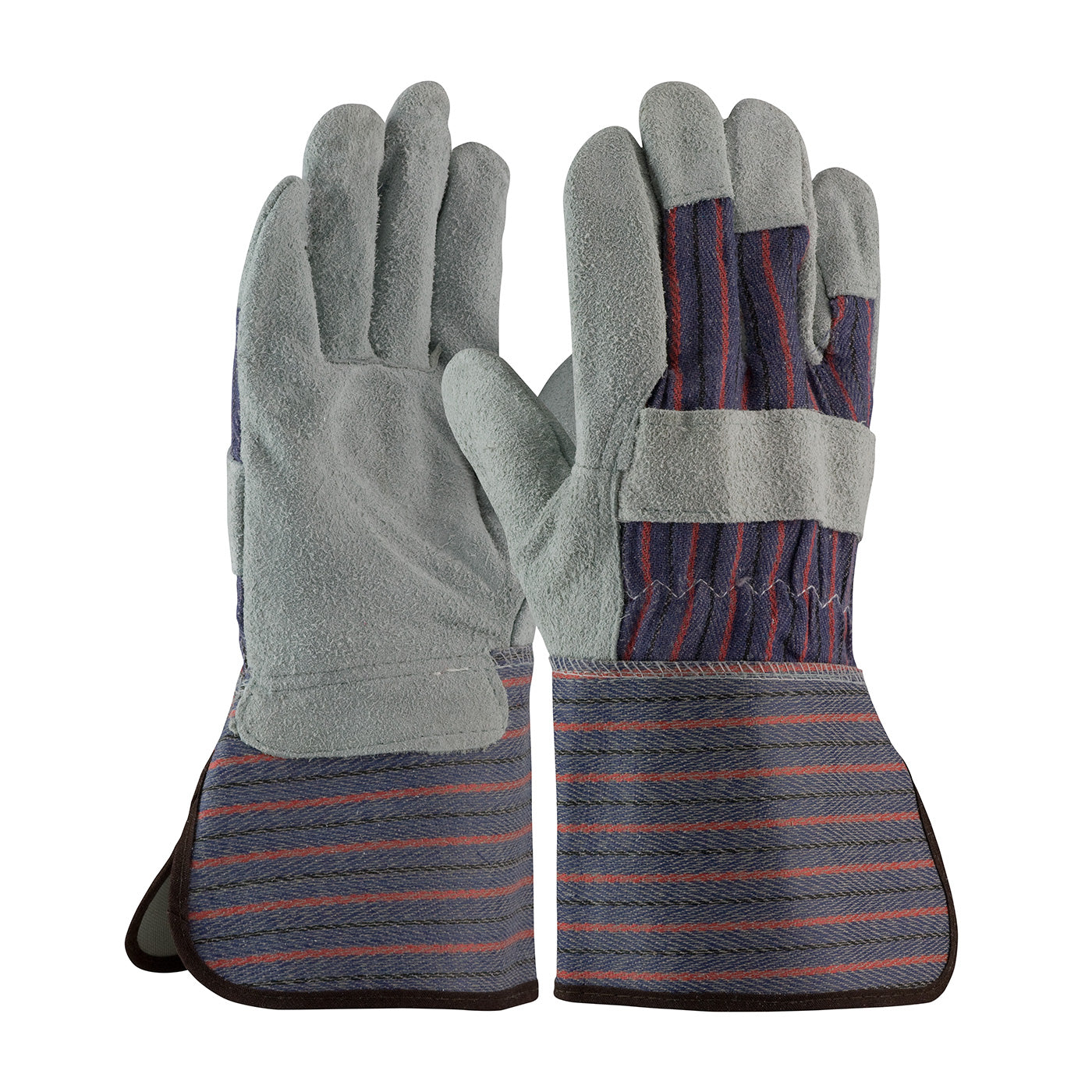 84-7632 Economy Grade Split Cowhide Leather Palm Glove with Fabric Back - Rubberized Gauntlet Cuff