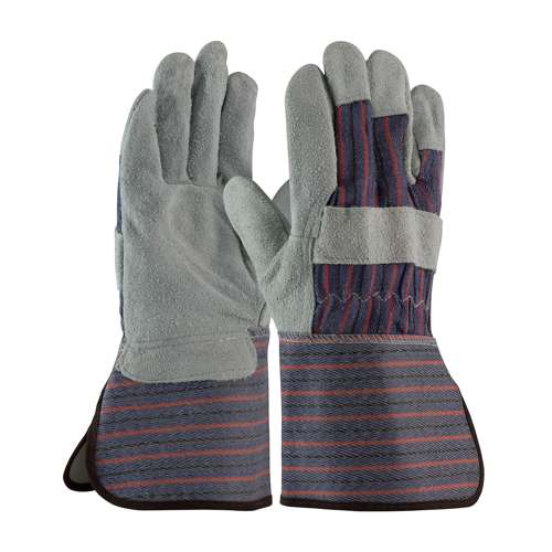 84-7632 Economy Grade Split Cowhide Leather Palm Glove with Fabric Back - Rubberized Gauntlet Cuff