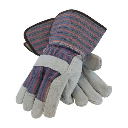 84-7632 Economy Grade Split Cowhide Leather Palm Glove with Fabric Back - Rubberized Gauntlet Cuff