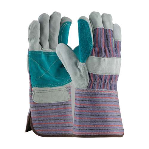 84-7633 Economy Grade Split Cowhide Leather Double Palm Glove with Fabric Back - Rubberized Gauntlet Cuff