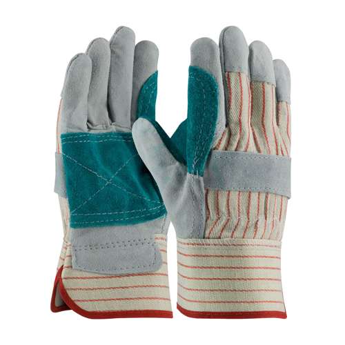 85-7512J Industry Grade Split Cowhide Leather Double Palm Glove with Fabric Back - Rubberized Safety Cuff