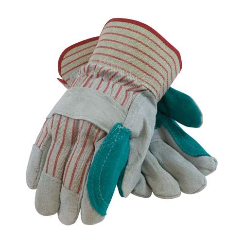 85-7512J Industry Grade Split Cowhide Leather Double Palm Glove with Fabric Back - Rubberized Safety Cuff