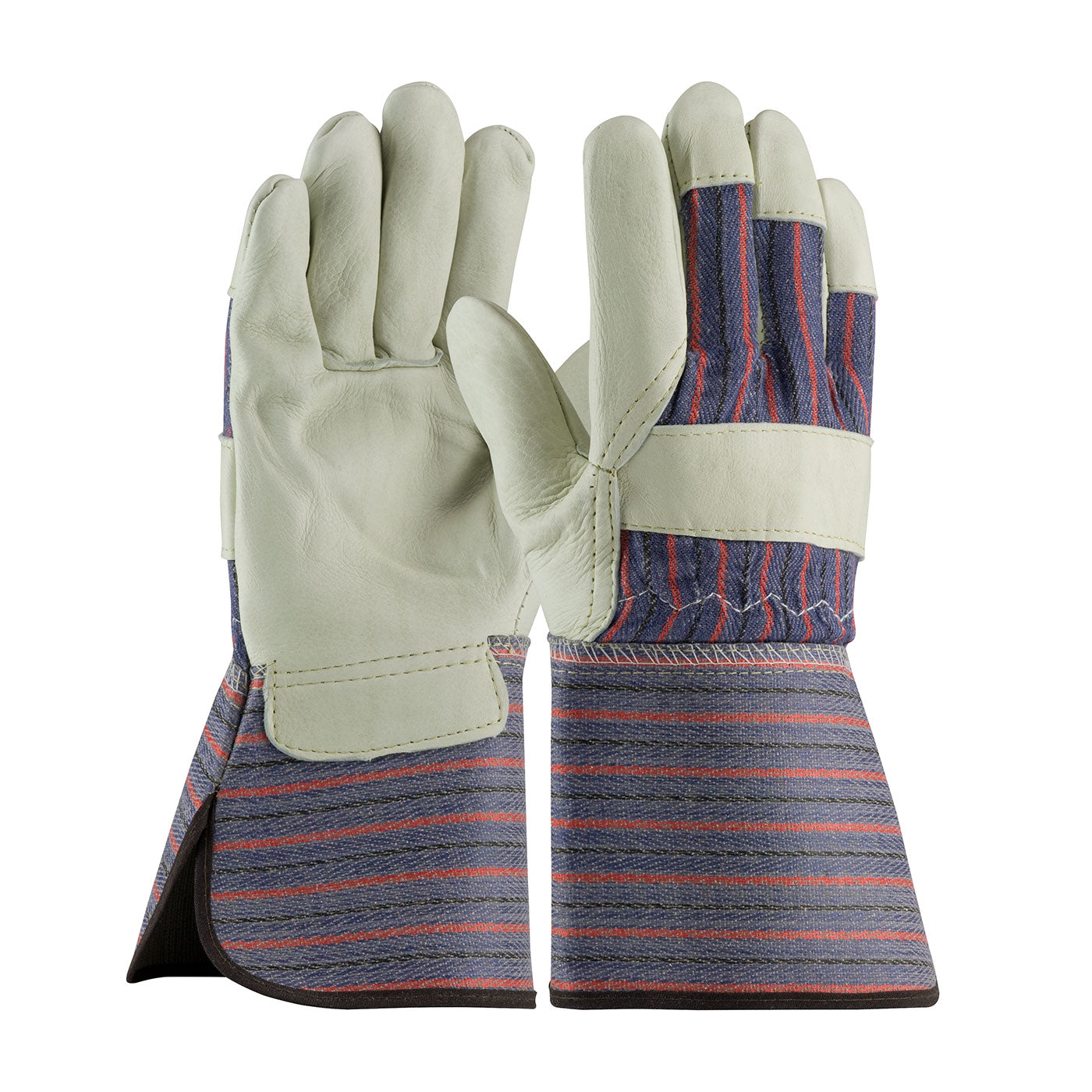 87-1663 Regular Grade Top Grain Cowhide Leather Palm Glove with Fabric Back - Rubberized Gauntlet Cuff