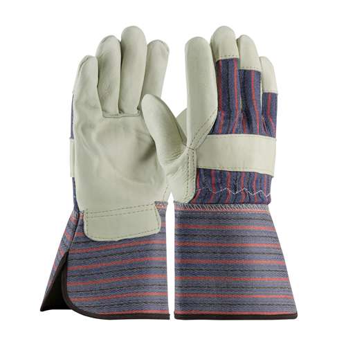 87-1663 Regular Grade Top Grain Cowhide Leather Palm Glove with Fabric Back - Rubberized Gauntlet Cuff