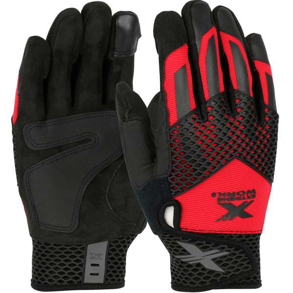 ToughX Suede Palm with Red Fabric Back and Touchscreen Index Finger - TPR Knuckle Guard