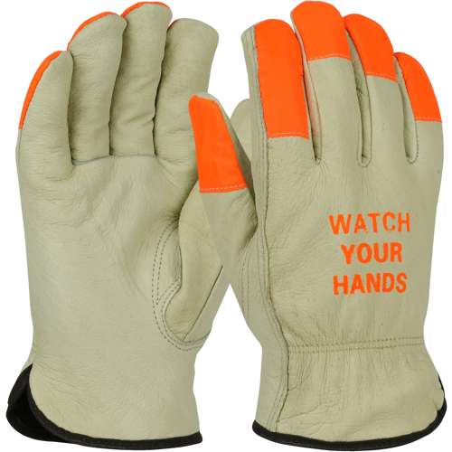 994KOTP Top Grain Pigskin Leather Drivers Glove with Black Thermal Lining and Hi-Vis Fingertips & WYH Logo