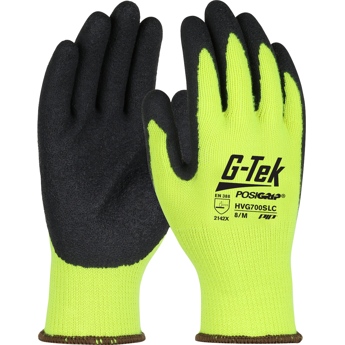 HVG700SLC Regular Weight Hi-Vis Seamless Knit Polyester Glove with Latex Coated Crinkle Grip on Palm & Fingers