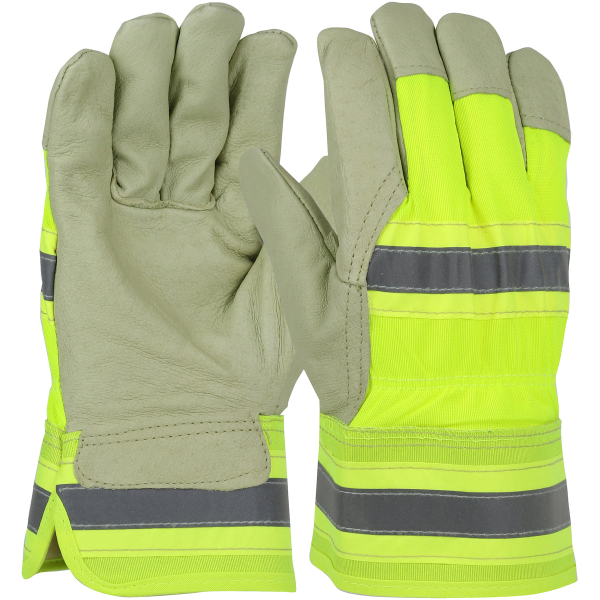 HVY5555 Pigskin Leather Palm Glove with Hi-Vis Back and Natural Thermal Lining - Rubberized Safety Cuff