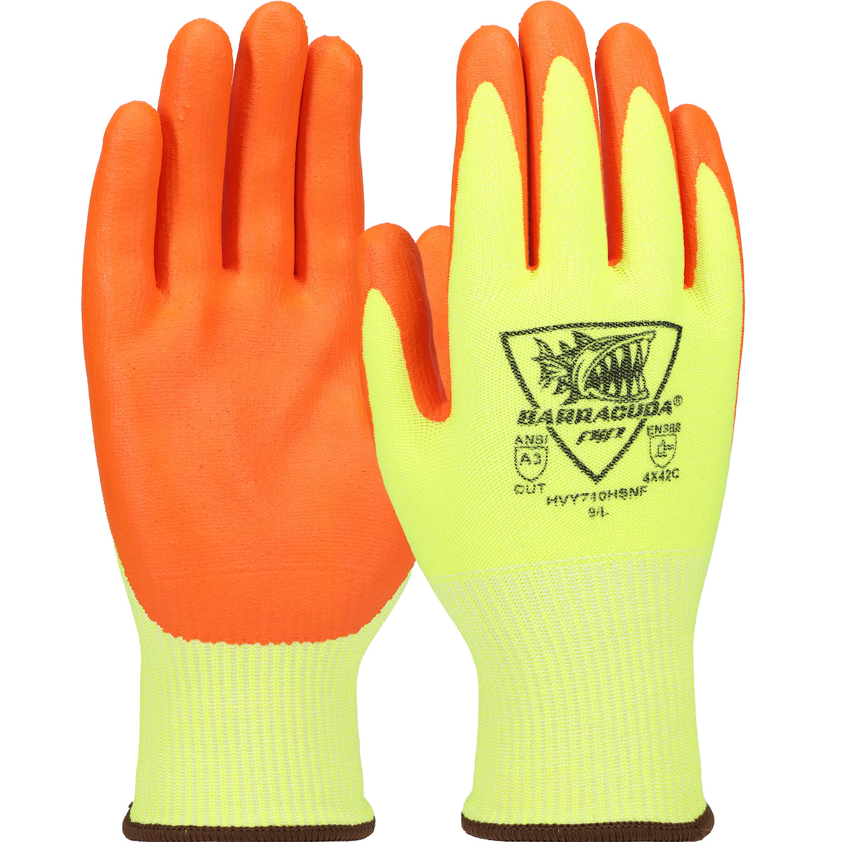 HVY710HSNF Hi-Vis Seamless Knit Polykor Blended Glove with Foam Nitrile Coated Grip on Palm & Fingers