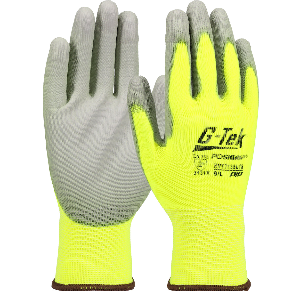 HVY713SUTS Hi-Vis Seamless Knit Polyester Blend Glove with Polyurethane Coated Flat Grip on Palm & Fingers - Touchscreen