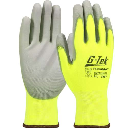 HVY713SUTS Hi-Vis Seamless Knit Polyester Blend Glove with Polyurethane Coated Flat Grip on Palm & Fingers - Touchscreen