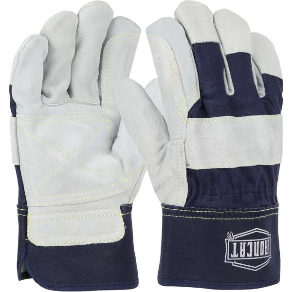 IC5DP Heavy Premium Split Cowhide Leather Double Palm Glove with Canvas Back - Rubberized Safety Cuff